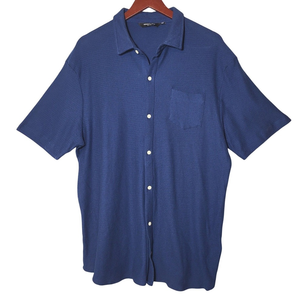 Kenneth Cole New‎ York Mens Navy Blue Textured Knit Cotton Button Down Shirt XL
